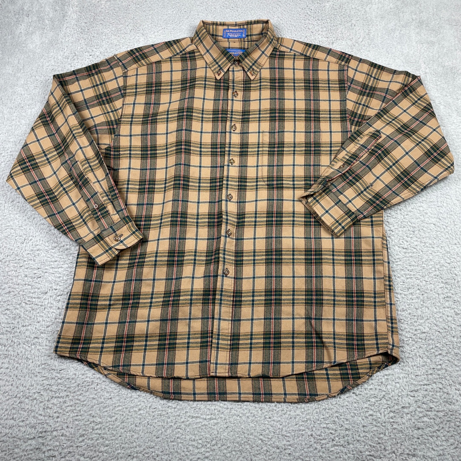 Vintage Pendleton Sir Pendleton Plaid 100% Wool Shirt Men Xl Tan 90s Button Down